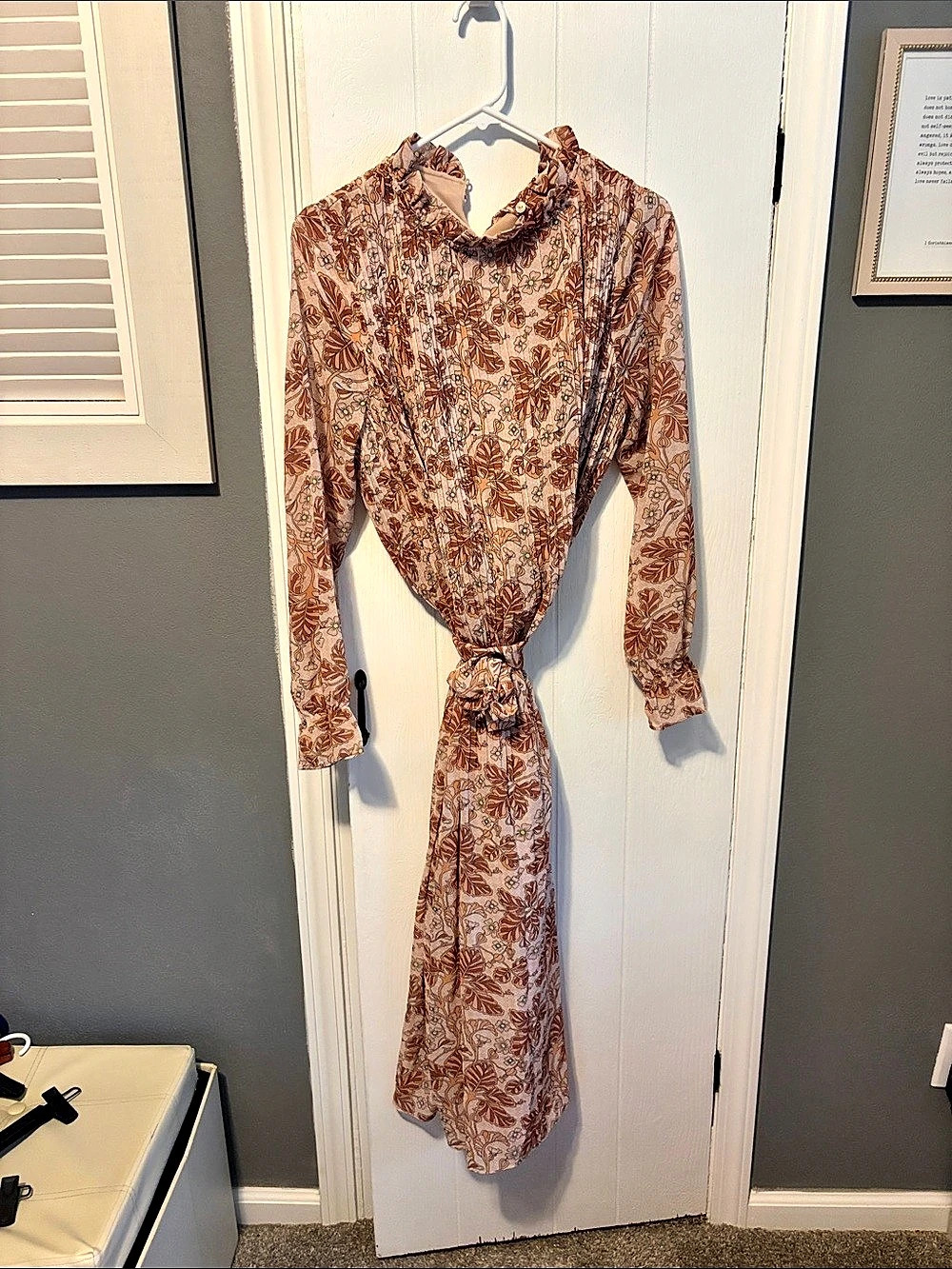 Pink lily Tie-Neck Ruffled Floral Midi Dress Brown & White